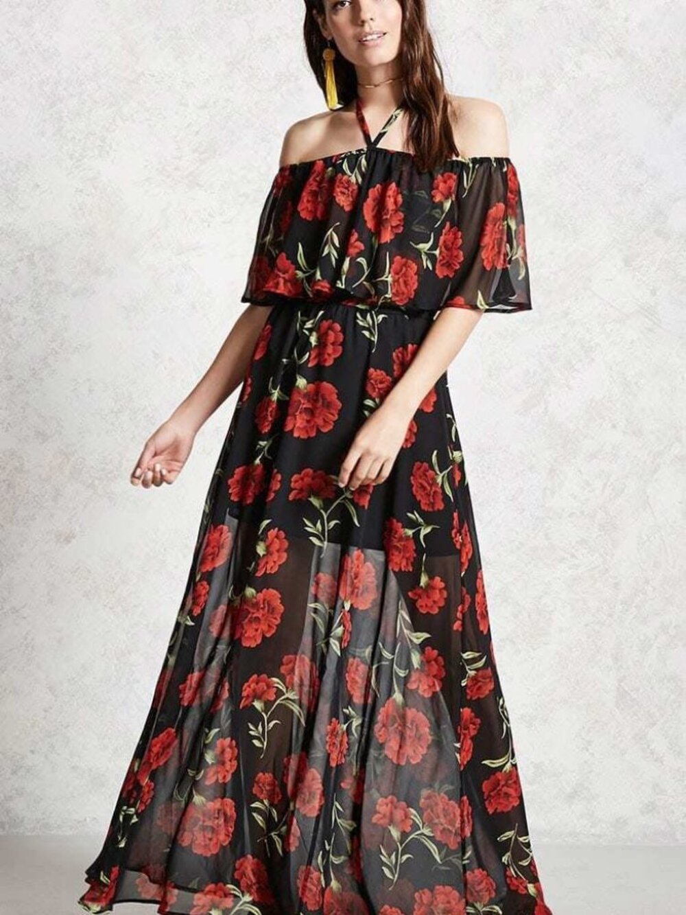 Forever 21 Blcak Red Off-the-Shoulder Maxi Dress Small S